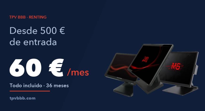 Los tres packs de TPV BBB sobre fondo azul con la cuota de 60 € al mes