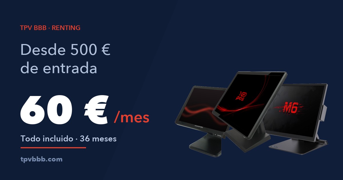 Los tres packs de TPV BBB sobre fondo azul con la cuota de 60 € al mes